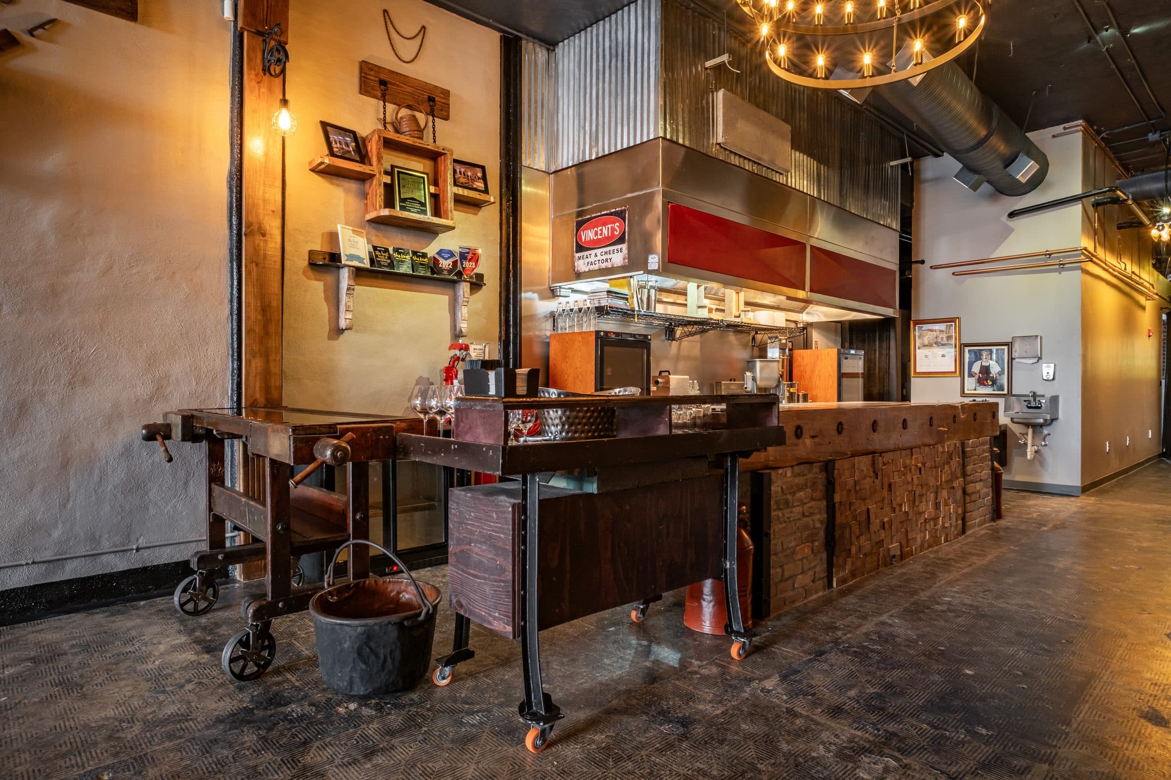 Bar area with bottles and glassware ready for service