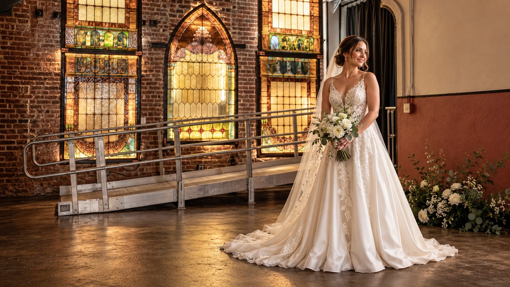 Bride in an ivory gown beside the hall’s antique stained glass and exposed brick