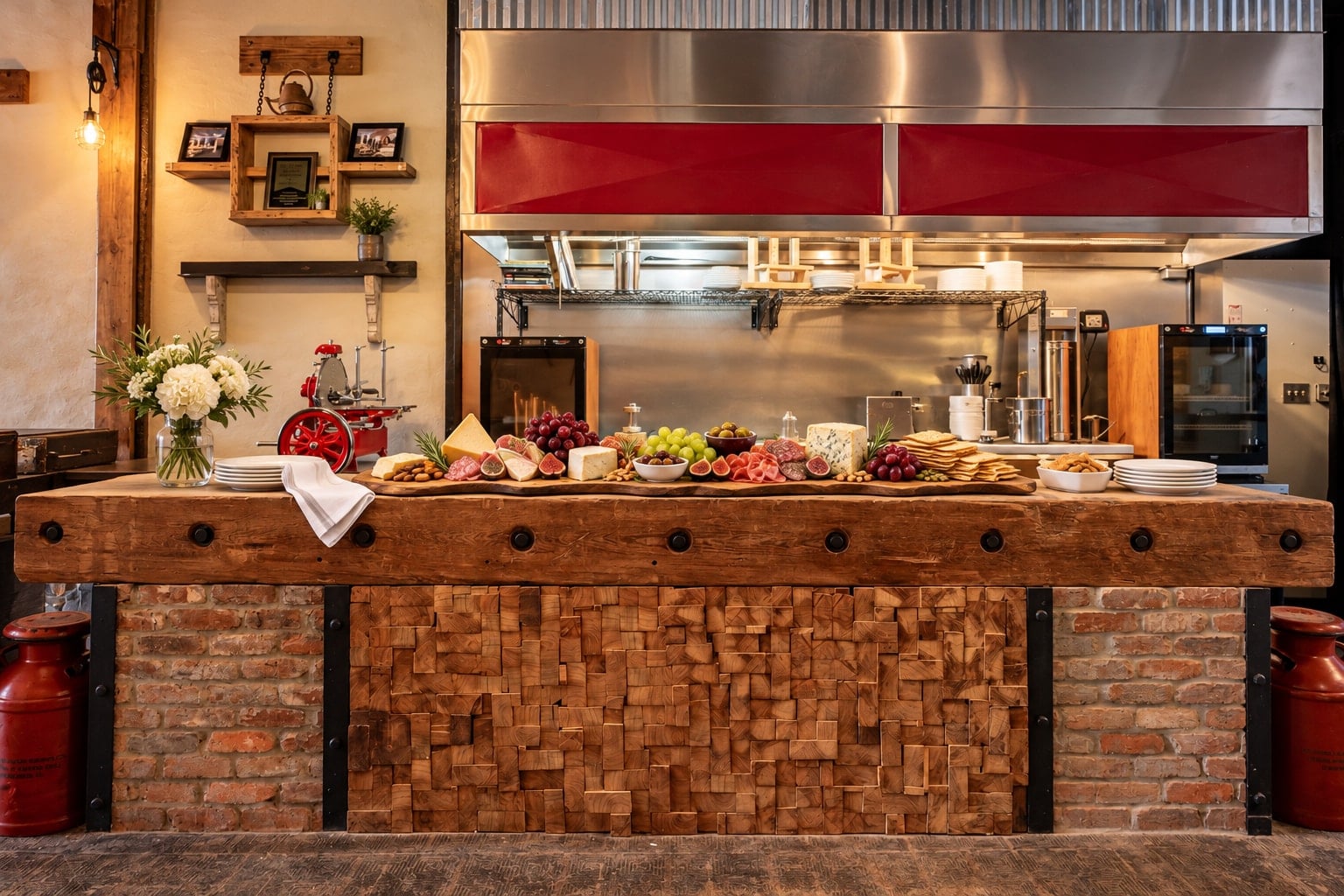 Cheese and charcuterie spread on the wood and brick counter at Lot 77 Provisions
