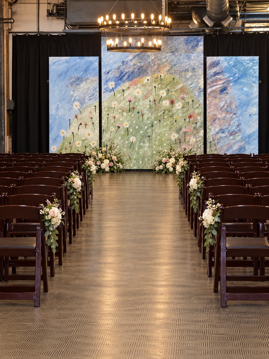 Ceremony aisle with white and blush florals facing the hall’s original artwork backdrop