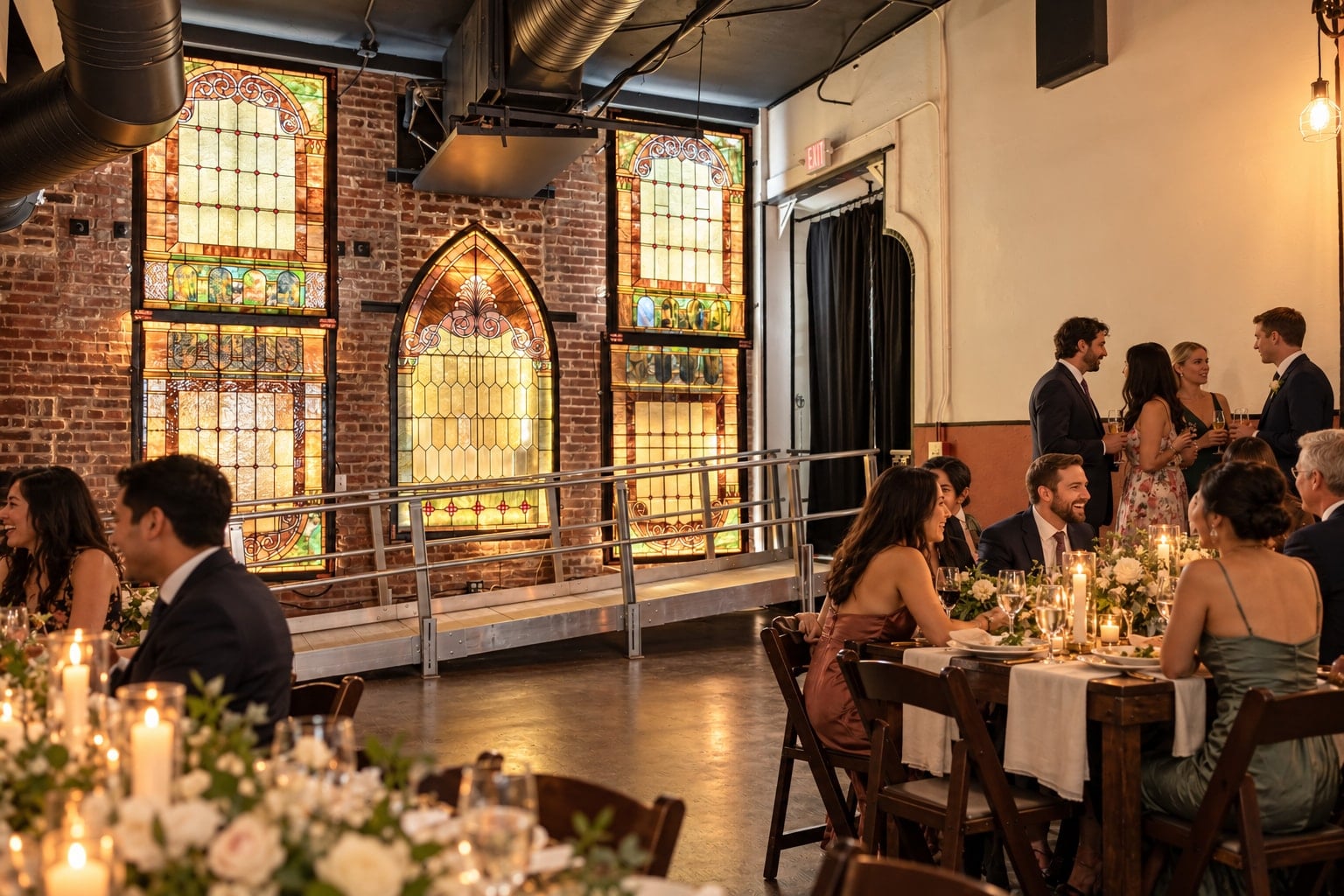 Candlelit reception beside the hall’s antique stained glass