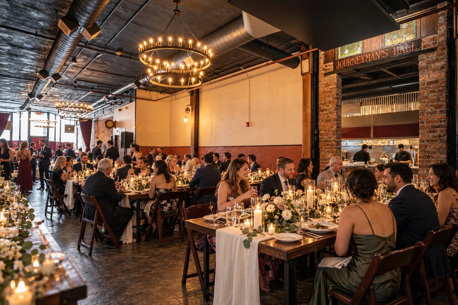 Guests gathered at flower-filled estate tables beneath the hall’s ring chandeliers